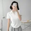 Camiseta Blanca de Manga Corta con Cuello en V 'Pure Want' de Spice Girls Verano Color Sólido Versátil Corta Ajustada Ins Súper Popular Top con Cuello Polo para Mujer