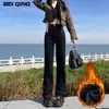 Jeans Preto de Barra Reta Feminino Outono e Inverno com Forro de Lã 2024 Novo Calça de Cintura Alta Emagrecedora para Homens Pequenos Calça Solta de Barra Larga