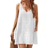 Vestido de praia feminino da Amazon, decote V, regata solta com bolsos e estampa jacquard de pompons