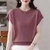 Camiseta de punto holgada de manga corta para mujer, talla grande, estilo nuevo, cuello redondo, top versátil adelgazante para mujeres de talla grande, negro, talla única, blanco