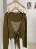 KEKEZOON cárdigan de punto largo elegante y adelgazante estilo coreano + top de dos piezas con chaleco a rayas disparo real 8782
