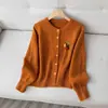 Cardigan de Tricô Decorativo de Abóbora Estéreo de Manga Longa Estilo Coreano Outono e Inverno Novo Casaco Suéter de Gola Redonda Estilo Solto Preguiçoso para Mulheres
