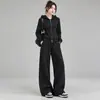 Conjunto de moletom com calça para mulheres, adequado para primavera, outono e inverno, com design de zíper e capuz, estilo solto e casual, e calça de perna larga, um conjunto de duas peças