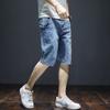 Shorts Jeans Masculino de Verão Finos e Largos Estilo Coreano Tendência Cropped Rasgado Casual Marca Tendência Comprimento Médio