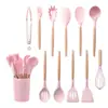Juego de Utensilios de Cocina de Silicona con Mango de Madera de 11 Piezas Barril de Almacenamiento Utensilios de Cocina de Silicona de Diez Colores Cuchara y Espátula para Cocinar Traje de 11 Piezas