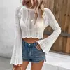 Top Corto de Ganchillo Blanco Calado con Mangas Acampanadas Transversales Europeo y Americano Moda Retro Versátil Cubre-Todo