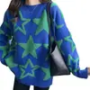 Suéter Pulôver Gola Redonda Feminino Loose Estilo Preguiçoso Contraste de Cor Veludo Estrela de Cinco Pontas Retrô Japonês Novo Outono e Inverno