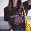 Camiseta de Manga Corta con Cuello Redondo Holgada Estampado de Fresas Lavada Vintage de Peso Pesado Diseñador de Nicho Coreano ml