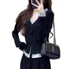 Camiseta de punto de manga larga con cuello en V, estilo dos piezas falsas, de rayón, para mujer, adelgazante, para principios de otoño