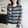 Cardigã de tricô listrado color-block estilo preguiçoso para mulheres, suéter solto de gola redonda, jaqueta petite, top versátil para usar como base