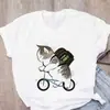 Ropa de Verano Transfronteriza para Mujer con Estampado de Gato Banana Animal, Cuello Redondo, Top Holgado para Mujer