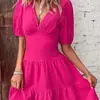 Enviado Ahora: Vestido de Verano Nuevo 2026 para Mujer, Ajustado, Cuello en V, Mangas Abullonadas, Color Sólido