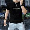 Camisa masculina de verão de manga curta com gola redonda algodão mercerizado confortável respirável magro masculino meia manga strass carta top moda