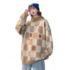 Moda Callejera Holgado Estilo Perezoso Pareja Suéter de Punto Cuello Alto Cuadros Plaid Retro Americano para Hombres y Mujeres en Otoño e Invierno
