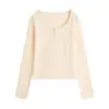 Camisa Henley cinza estilo americano para mulheres, camada base de outono, camiseta justa de manga comprida com ombros normais
