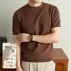Camisa de malha de manga curta com mistura de lã 300g para homens, base lisa, antibacteriana, estilo old money de verão, camiseta gola redonda para homens