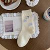 Calcetines de Algodón Sueltos Versátiles de Media Caña con Estampado de Puntos, Bordado Flocado de Elementos de Gato Kt de Dibujos Animados Lindos, Sin Costuras, Etiqueta de Tela con Lazo