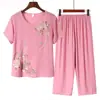 Pijama de Algodão e Linho para Mãe, Conjunto Feminino de Verão com Manga Curta, Roupa de Casa Casual Fina de Verão para Meia-Idade e Idosos