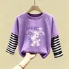 Nova Camiseta de Algodão Puro Patchwork com Gola Redonda e Manga Longa para Crianças, Estilo Fino, Primavera e Outono 2026, Meninas, Desenho Animado, Top Versátil