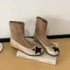 Artículos en stock Textura de piel de cordero Empalmado Lazo Estrella Tacón Oculto Botines Adelgazantes Estilo Coreano Versátiles Para el Trabajo Slip-on Botines