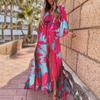 Otoño 2024 AliExpress Europa y Estados Unidos comercio exterior ropa de mujer ins Amazon vestido largo con cuello en V estampado y cordones