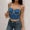 Top corsé de mezclilla con cadena de pedrería y cuentas para mujer, camisola sexy, ropa interior, efecto push-up y realce