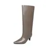 Botas de Caballero de Primera Capa de Piel de Vaca Botas Altas para Mujer Invierno Nuevo Punta Cuadrada Botas de Tacón de Aguja Botas sin Cierre Hasta la Rodilla Botas de Caña Recta para Mujer