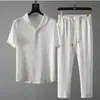 Traje de Lino de Seda Helada de Manga Corta Ultra-delgado de Alta Calidad para Hombre Verano Talla Grande Camiseta Holgada de Manga Media Conjunto de Dos Piezas de Algodón y Lino