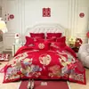 Juego de cuatro piezas para boda con dragón y fénix bordados, 100% algodón, sábana y funda de edredón de color rojo brillante, ajuar para habitación de bodas, colcha de boda, ropa de cama