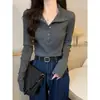 Top de punto de manga larga con cuello polo para mujer, adecuado para figuras petite en primavera y otoño, top de punto básico de manga larga ajustado corto