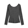 2576-Estilo Pura Pasión Camiseta Sexy de Moda con Rayas Espalda Descubierta para Mujer 2025 Nueva Sexy Ajustada Camiseta Básica Top