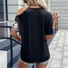 Amazon Estación Independiente Comercio Exterior Transfronterizo Moda Europea y Americana Top Nuevo Estampado Leopardo Calado Manga Corta Costuras Camiseta para Mujer