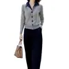 Ponto de Venda Produtos Europeus Balcão Liquidação Quente Cor de Outono Color Blocking Gola Lapela Tricô Top Calça Cropped Cintura Elástica Conjunto para Mulheres