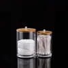 Caixa de armazenamento portátil de cotonetes acrílico redondo com tampa de bambu recipiente para cotonetes de maquiagem caixa de algodão para remover maquiagem