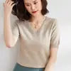 Suéter feminino de verão, com modelagem solta e mangas curtas, gola V, estilo novo, tricô pulôver, suéter de manga curta plus size