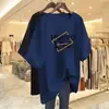 Camiseta de Manga Corta para Mujer de Mediana Edad y Mayores, Comercio Exterior Transfronterizo, Corte Holgado, Tallas Grandes, Adelgazante, Cubre Vientre, Top Estampado de Media Manga