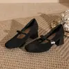 Zapatos Mary Jane vintage de estilo francés para mujer, tacón grueso negro con correa de hebilla de perla, punta cuadrada, corte bajo, adecuados para ir al trabajo, tacones altos profesionales