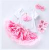 Niña de 0 a 2 años con dibujos animados de estilo princesa caqui de manga corta con lentejuelas rosas y falda abullonada, usa traje de cuatro piezas