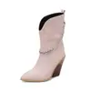 Botas de corrente estilo europeu e americano, bico fino, salto grosso, botas curtas femininas plus size 4006