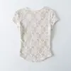 Camiseta de Encaje Sexy Transparente Estilo Puro Deseo Cuello Redondo Manga Corta Verano Nueva Versátil Ajustada Top Básico para Mujer