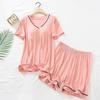 Pijama para Mujer Verano Manga Corta Shorts con Almohadilla en el Pecho Conjunto de Dos Piezas Casual y Cómodo Color Puro Ropa para el Hogar Que se Puede Usar en Casa
