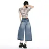 Pantalones cortos American retro de cintura alta, corte holgado, pantalones versátiles de pierna ancha para primavera y verano, jeans de pierna recta para mujer, admite envío directo