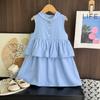 Vestido de Princesa Verão Azul Sem Mangas Costura Doce Fofo Vestido de Menina Coreano Cor Sólida Casual Roupa Infantil