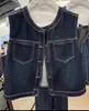 Chaqueta Nueva Estilo Coreano con Cuello Redondo y Diseño de Costuras Visibles, Chaleco de Mezclilla de Nicho en Azul, Otro Algodón