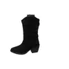 Botas de Tacón Grueso Marrón Retro con Corte en V hasta Media Pantorrilla para Mujer, Botas Vaqueras de Punta Aguda Otoño/Invierno 2026, Transfronterizas