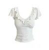 Camiseta de manga corta con volantes, cuello en V, color liso, estilo francés suave, para mujer, nuevo modelo de verano, top elegante, adelgazante y versátil