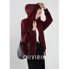 Chamarra Casual con Cierre Inspirada en el Diseño para Mujer, Nuevo Estilo Primavera Temprana 2026, Sudadera con Capucha de Manga Larga, Color Borgoña, Holgada, Adelgazante
