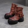 Jiezu 2025 Inverno Novo Primeira Camada Couro Bovino Aumento de Altura Botas Curtas Largas Estilo Britânico Botas Martin Simples e Confortáveis Sapatos Femininos