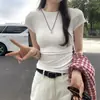 Camiseta feminina de manga curta com ombro reto 2026 nova verão gola redonda preta meia-manga peça íntima justa modelagem que afina top liso cor única hot girl