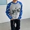 Top de punto gofrado a bloques de color retro a la moda estilo americano con estampado de estrellas, colección de otoño, estampado digital, camiseta de manga larga, unisex